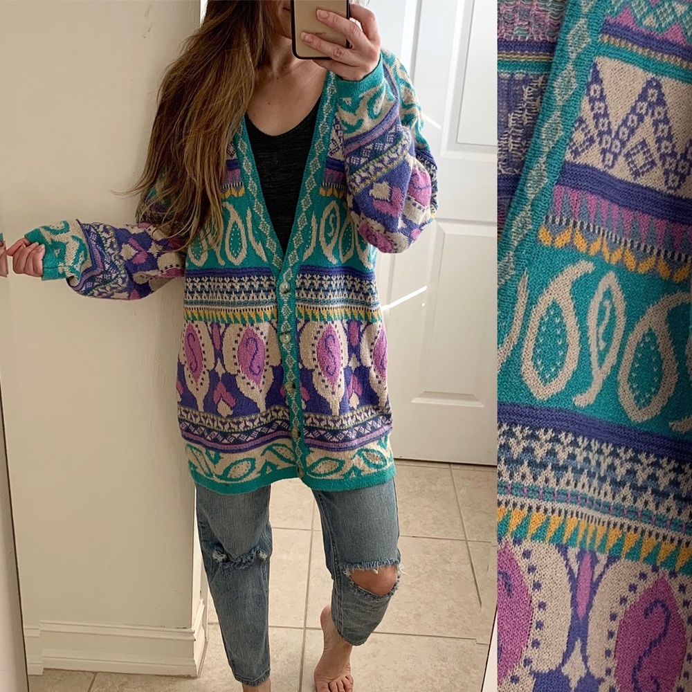 Vintage Chunky Oversized Cardigan, Longline Crochet Cardigan Sweater, 90s, Large
